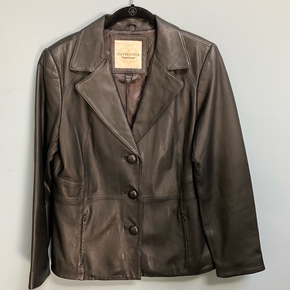 VTG Covington Women Black Leather LRG Jacket Lined Covered Buttons Traditional